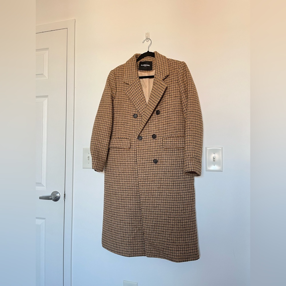 Glassworks London double breasted houndstooth wool coat brown/khaki/beige